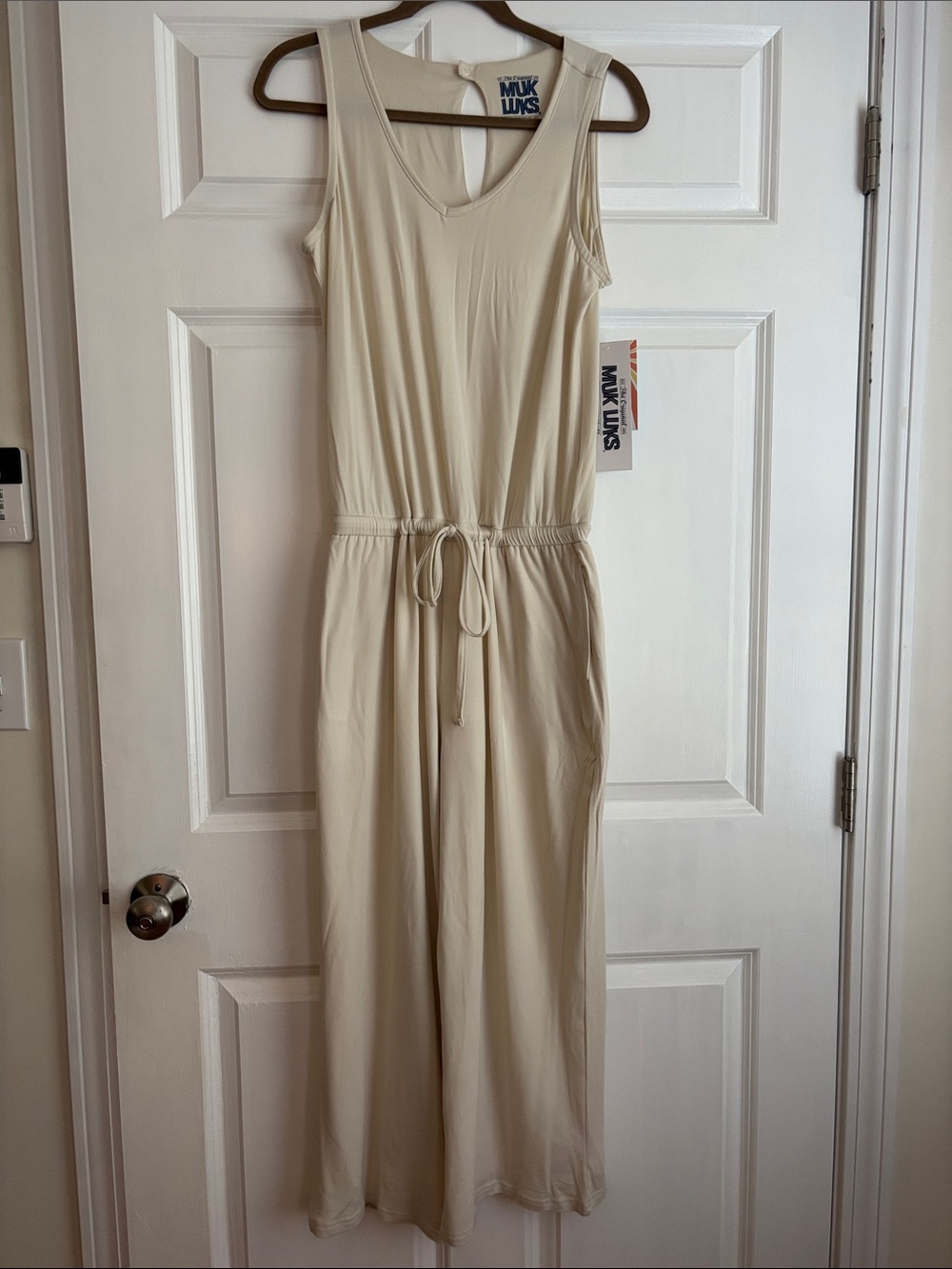 Muk Luks Cream Sleeveless V-Neck Drawstring Jumpsuit